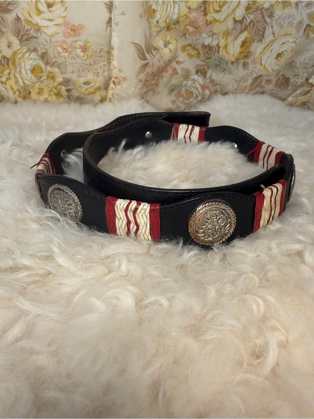 Handcrafted Black Leather Belt with Red and Cream Woven Accents